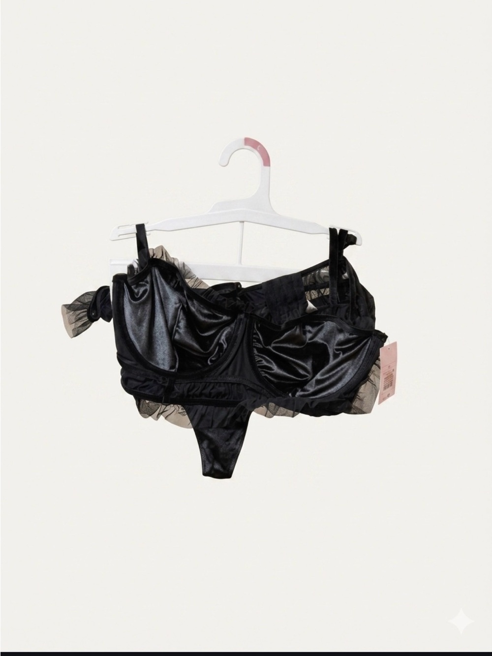 Black Satin Ruffle Underwire Bra & Thong Lingerie Set L NWT